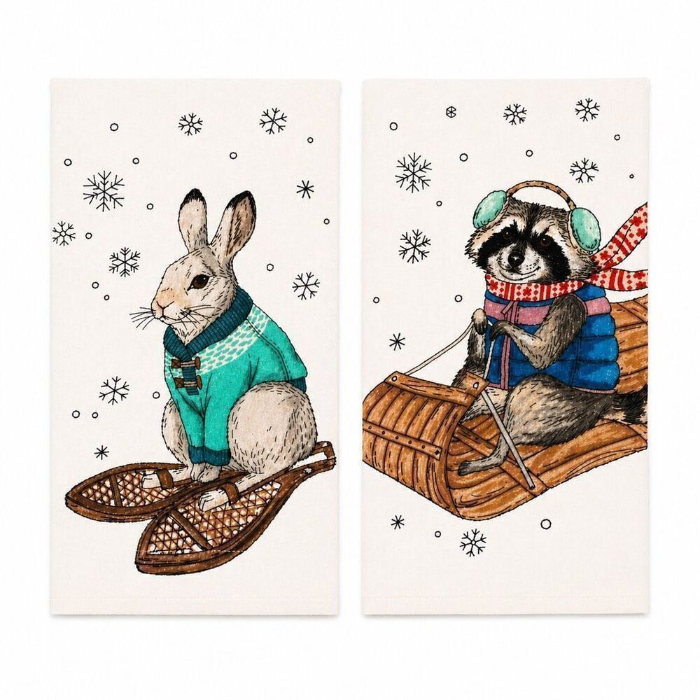 West Elm Dapper Animal Tea Towels Set 2 Collectible NWT Rabbit Raccoon Holiday